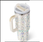 Pearl Leopard insulated stainless steel tumbler with straw