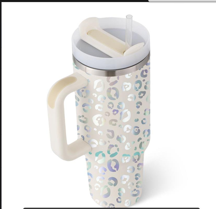 Pearl Leopard insulated stainless steel tumbler with straw