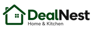The DealNest Home & Kitchen logo on a white background, featuring a dark green house outline with a window and the words 'DealNest' in dark green and black, and 'Home & Kitchen' in gray.