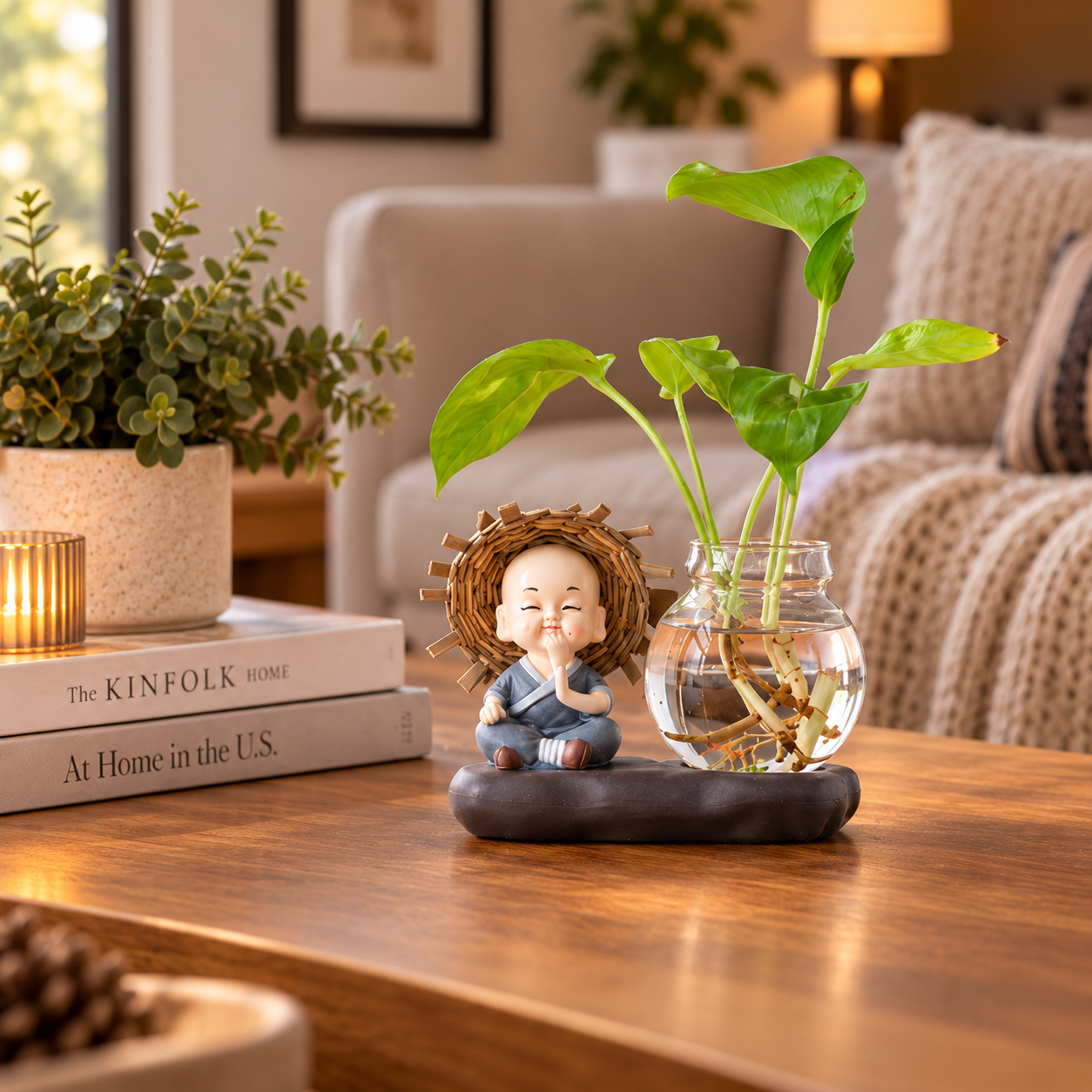 Decorative Glass Vase with Plant & Figurine – Home Décor Accent