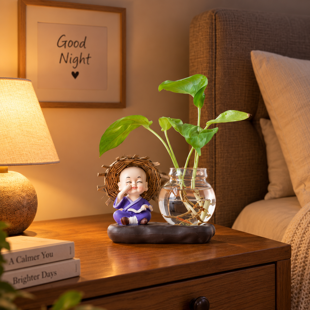 Decorative Glass Vase with Plant & Figurine – Home Décor Accent