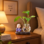 Decorative Glass Vase with Plant & Figurine – Home Décor Accent