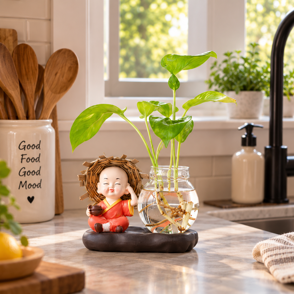 Decorative Glass Vase with Plant & Figurine – Home Décor Accent
