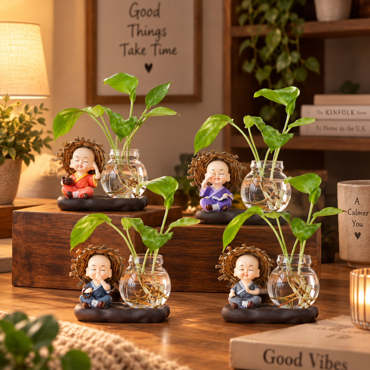 Decorative Glass Vase with Plant & Figurine – Home Décor Accent